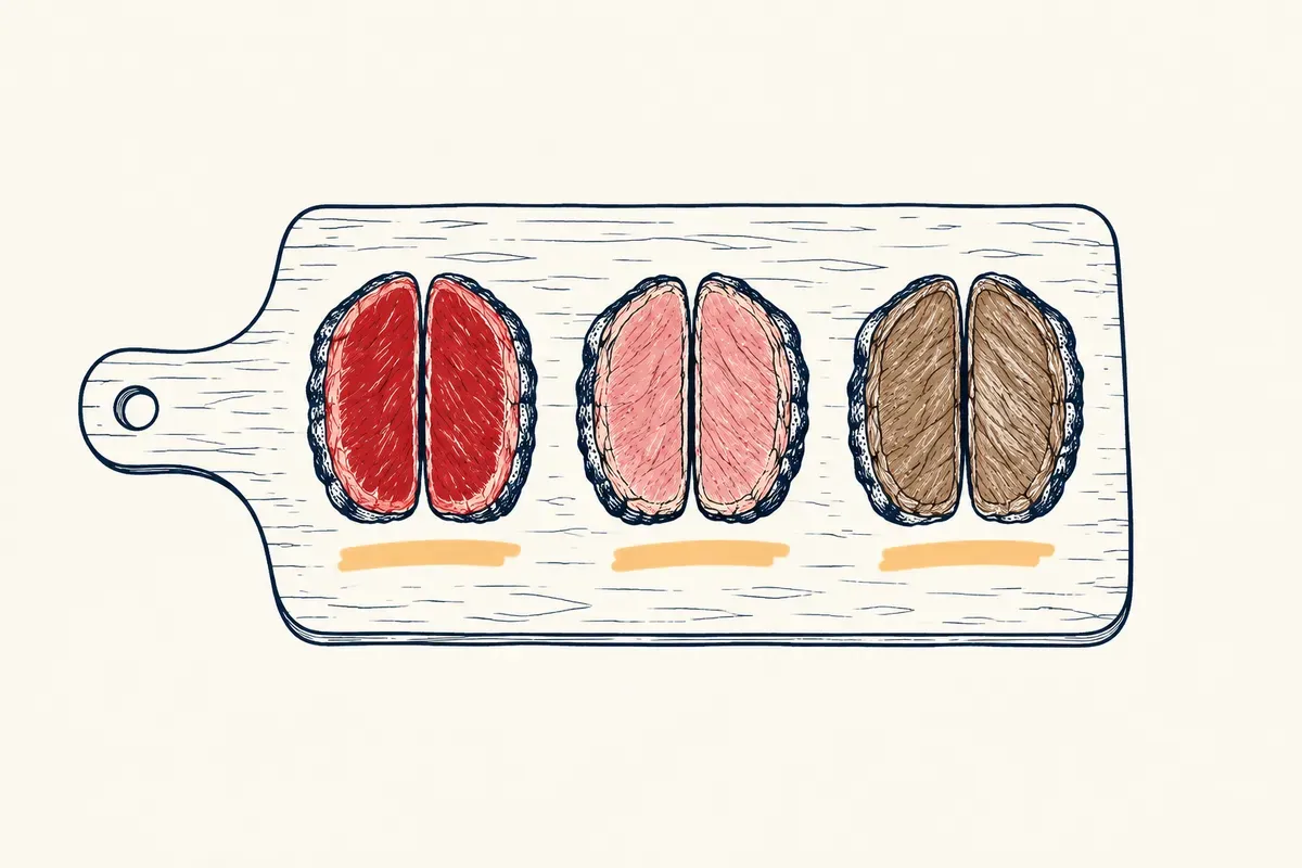 Tres filetes cortados por la mitad: uno rojo por dentro, uno rosado y uno totalmente hecho.