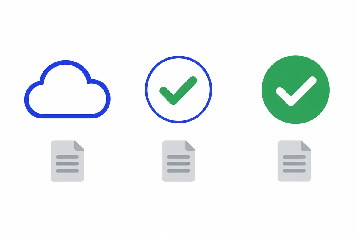 Dibujo de tres iconos en fila: una nube azul de contorno, un círculo blanco con marca verde y un círculo verde relleno con marca blanca.