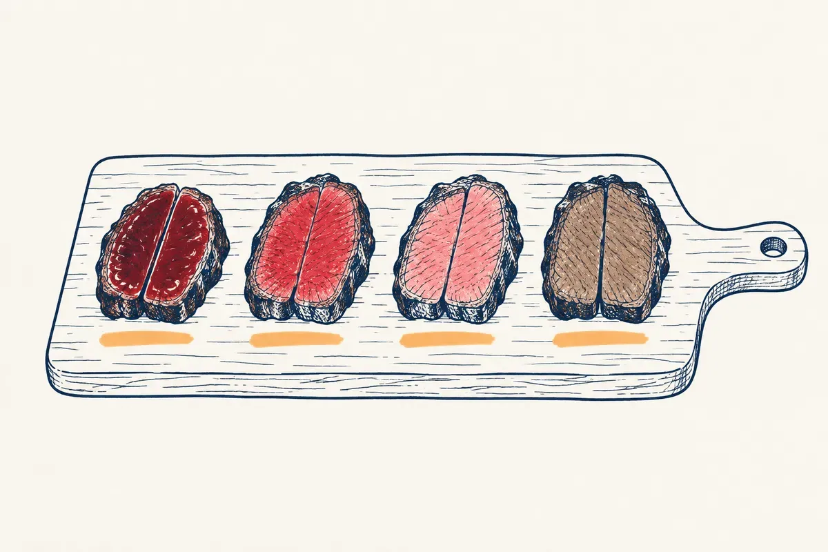 Cuatro filetes cortados en fila que van de casi crudo por dentro a completamente hecho
