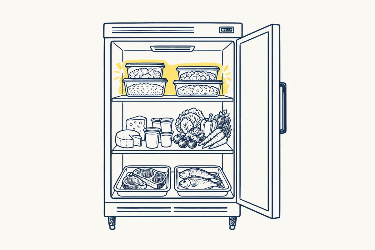 Nevera abierta con comida cocinada tapada arriba, lácteos y verduras en medio, y carne y pescado crudos en bandejas con borde abajo.