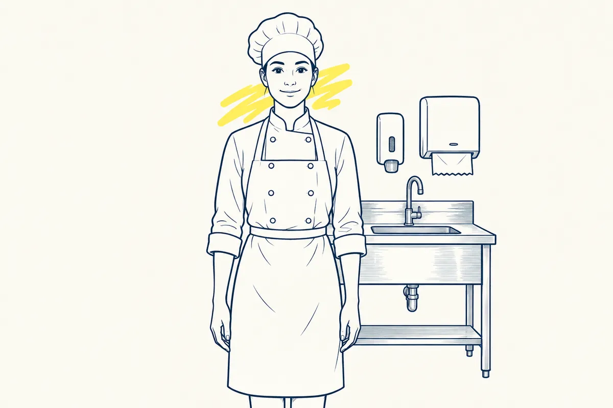 Cocinera con el pelo recogido bajo un gorro, chaqueta y delantal limpios, sin joyas ni reloj y con las uñas cortas, junto a un lavamanos.