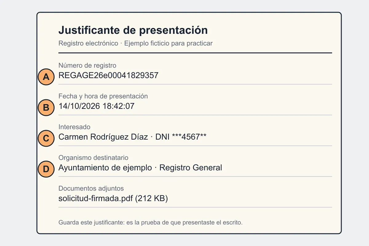 Justificante ficticio de presentación con cuatro datos marcados: A número de registro, B fecha y hora de presentación, C interesado y D organismo destinatario.