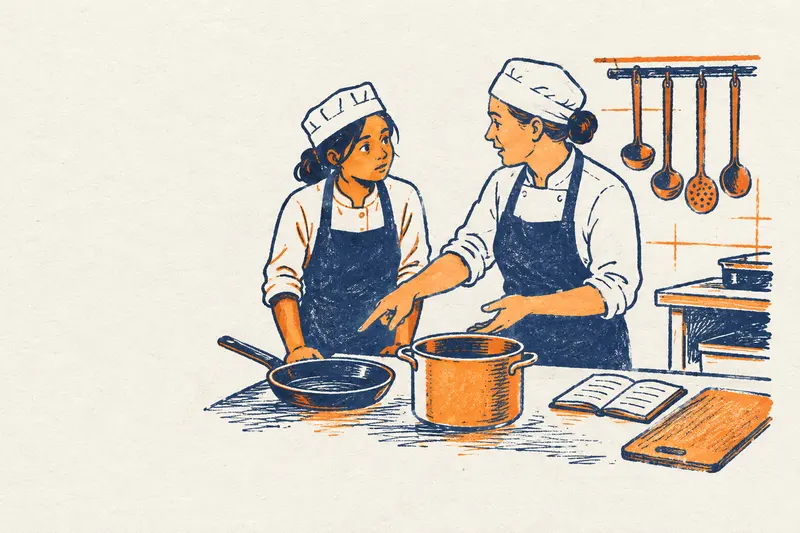 Una compañera le enseña los nombres de los utensilios a una ayudante de cocina nueva
