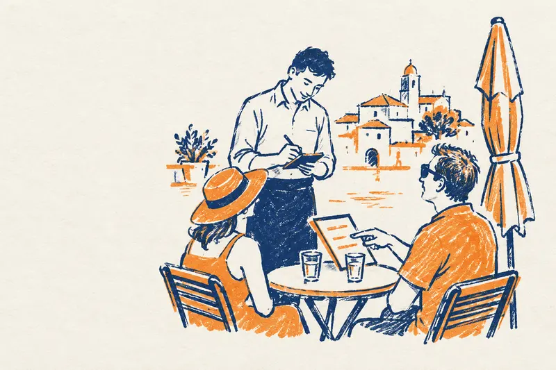 Un camarero toma nota con su libreta a dos turistas en la mesa de una terraza