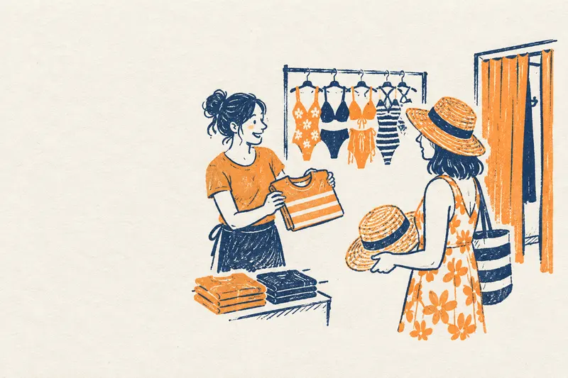 Una dependienta enseña una camiseta a una turista en una tienda de ropa de playa