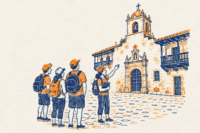 Una guía turística señala la fachada de una iglesia antigua a un grupo pequeño de turistas en una plaza