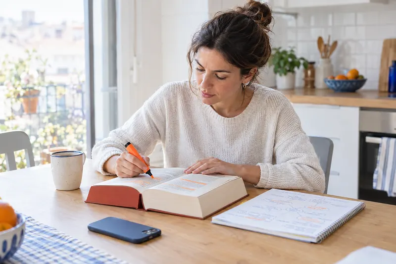 Una mujer estudia la Constitución en la mesa de la cocina, subrayando con un rotulador junto a un cuaderno de esquemas