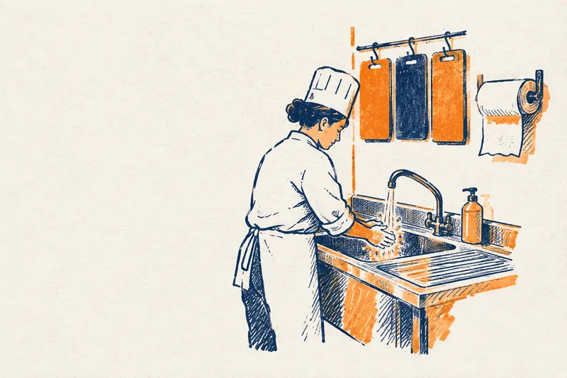Una cocinera con chaqueta blanca se lava las manos en el fregadero de una cocina de restaurante