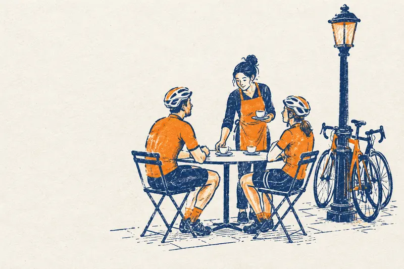 Una camarera sirve dos cafés a una pareja de ciclistas sentados en la terraza de una cafetería