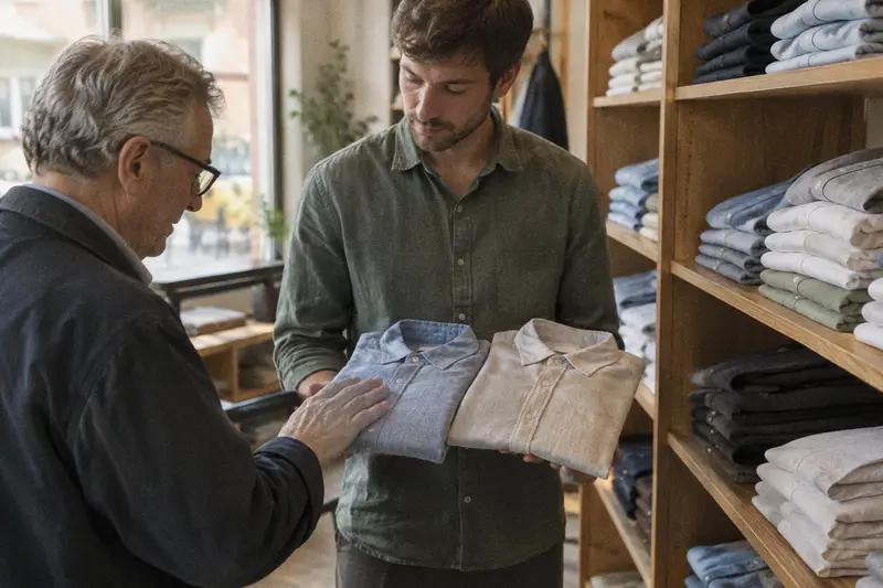 Un dependiente enseña a un cliente mayor dos camisas de lino de distinto color junto a una estantería