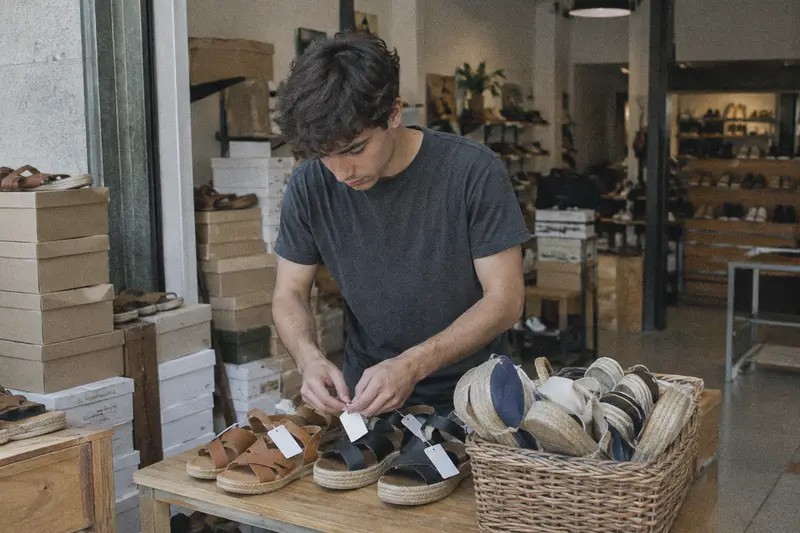 Un dependiente coloca etiquetas de precio en unas sandalias en la mesa de rebajas de una zapatería