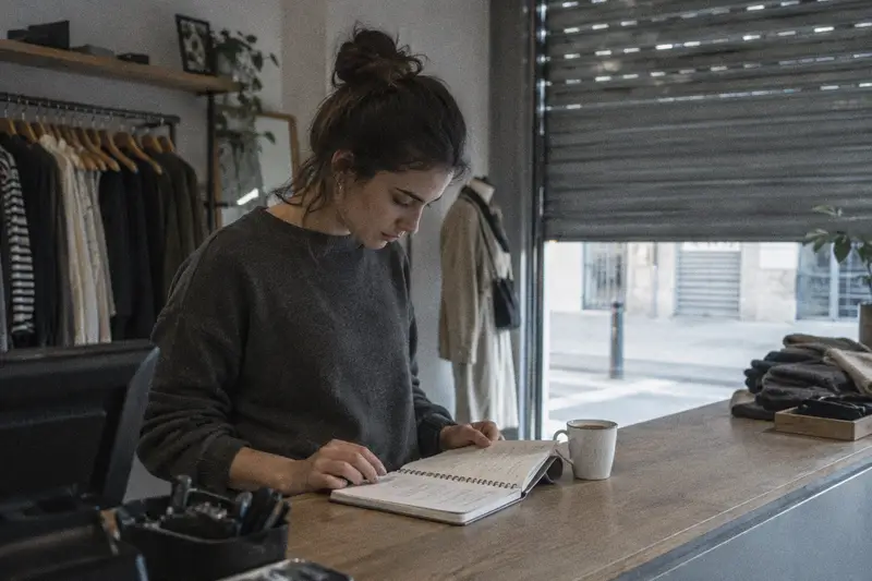 Una dependienta repasa sus notas en el mostrador de una tienda antes de abrir