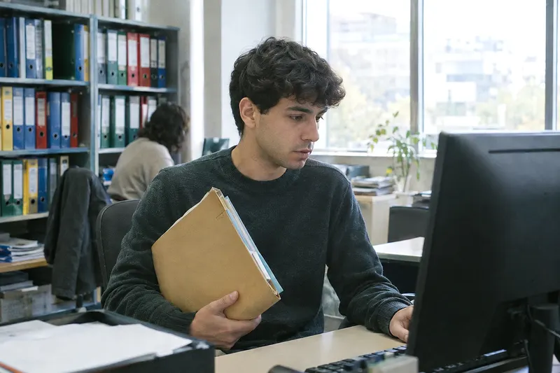 Un auxiliar administrativo revisa una notificación en el ordenador de una oficina pública con una carpeta en la mano