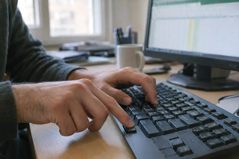 Manos sobre el teclado de un ordenador pulsando dos teclas a la vez, con un monitor desenfocado al fondo