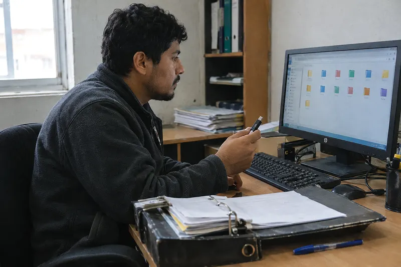 Un hombre en una oficina mira el monitor con una ventana de carpetas mientras sostiene una memoria USB