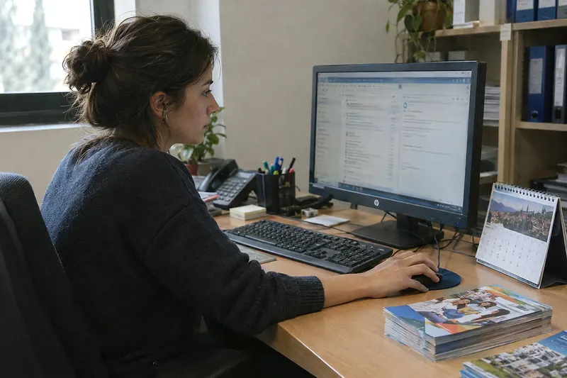 Una mujer en la secretaría de una academia a punto de enviar un correo desde el ordenador