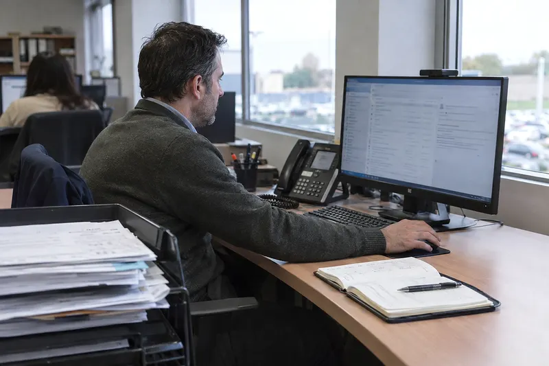 Un hombre revisa el correo en el monitor de una oficina de administración, con facturas y una agenda en la mesa