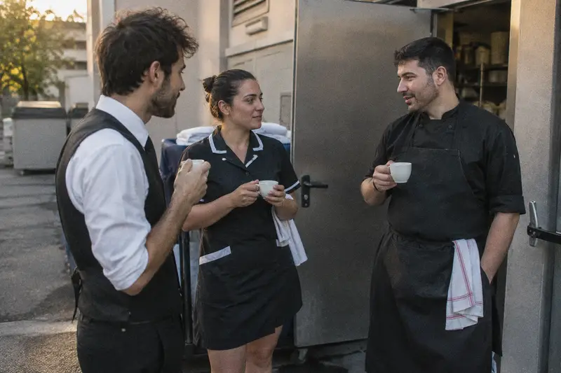 Tres compañeros de hotel, de sala, pisos y cocina, toman un café al acabar el turno