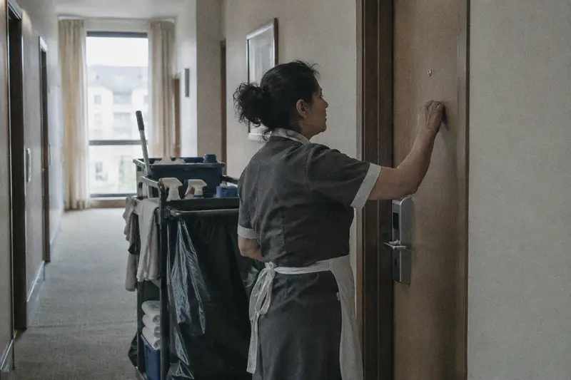 Una camarera de pisos llama a la puerta de una habitación de hotel con su carro de limpieza al lado