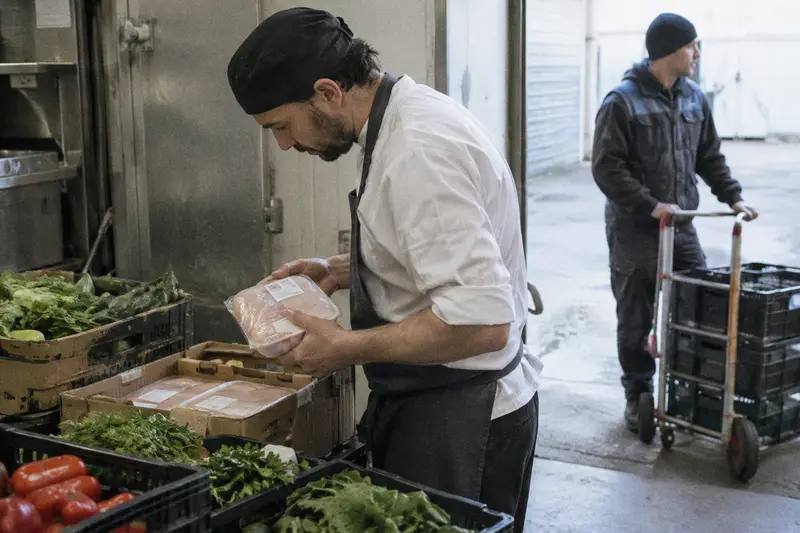 Un cocinero revisa las cajas de un pedido en la puerta trasera mientras espera el repartidor