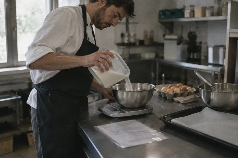 Un cocinero pesa azúcar en una báscula junto a la ficha técnica plastificada de una receta