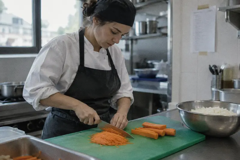 Una cocinera corta zanahorias en juliana fina sobre una tabla verde en su partida