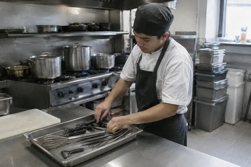 Un ayudante de cocina coloca sus utensilios en la mesa de trabajo al empezar el turno