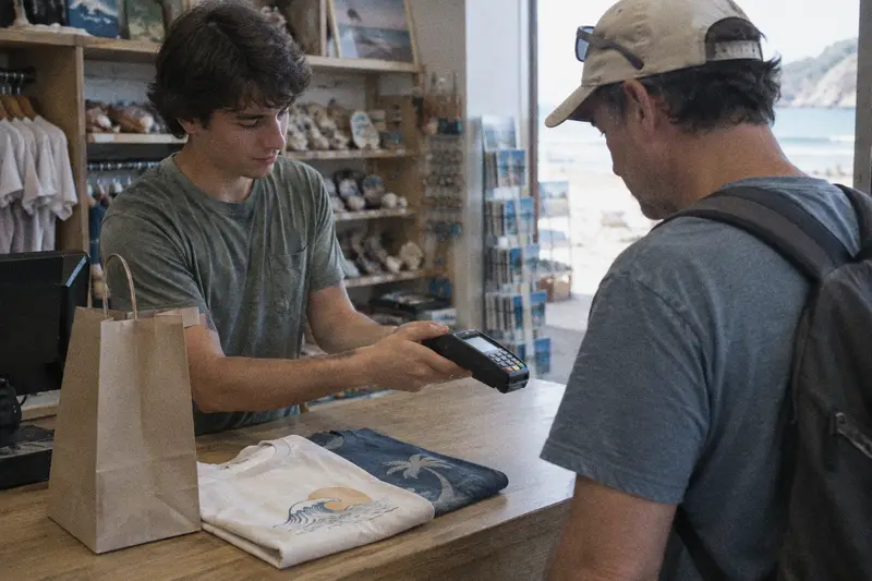 Un dependiente gira el datáfono hacia un turista en la caja de una tienda de recuerdos