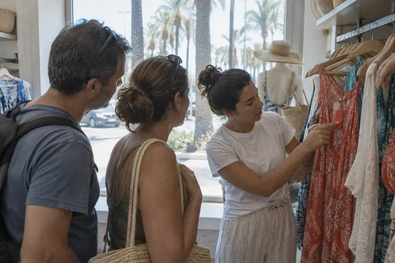 Una dependienta enseña la etiqueta de rebaja de un vestido a una pareja de turistas en una tienda de playa