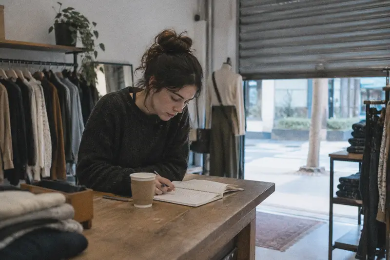 Una dependienta repasa sus notas en el mostrador de una tienda antes de abrir