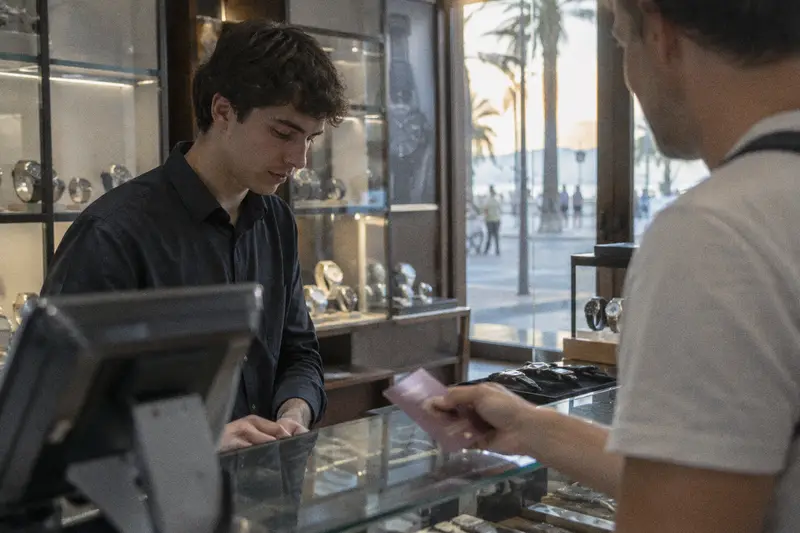 Un dependiente de una relojería atiende a un turista que le entrega el pasaporte en el mostrador