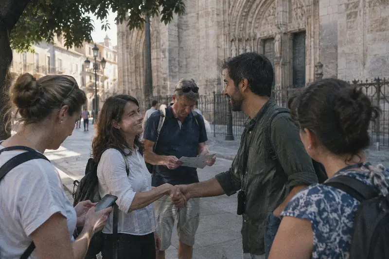 Un guía se despide de un grupo de turistas junto a una catedral; una turista le da la mano