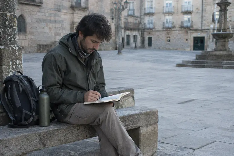 Un guía repasa sus notas en un cuaderno sentado en un banco de una plaza vacía por la mañana