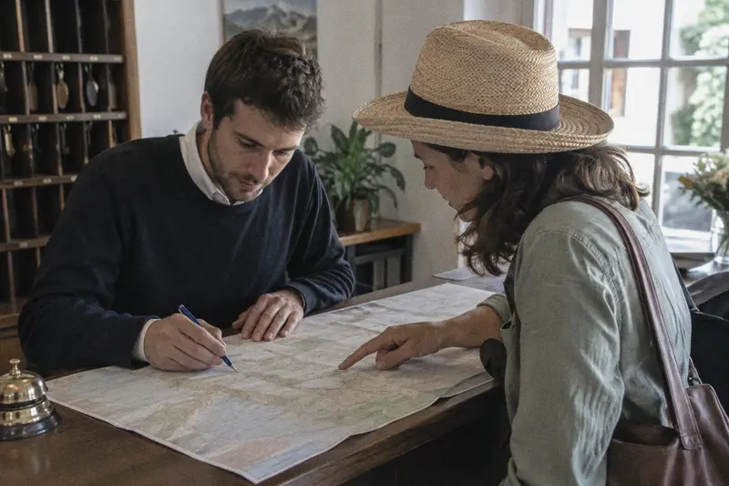 Un recepcionista marca un camino en un plano de papel para una huésped en el mostrador