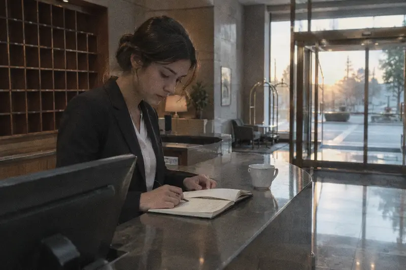 Una recepcionista repasa sus apuntes en el mostrador de un hotel vacío a primera hora