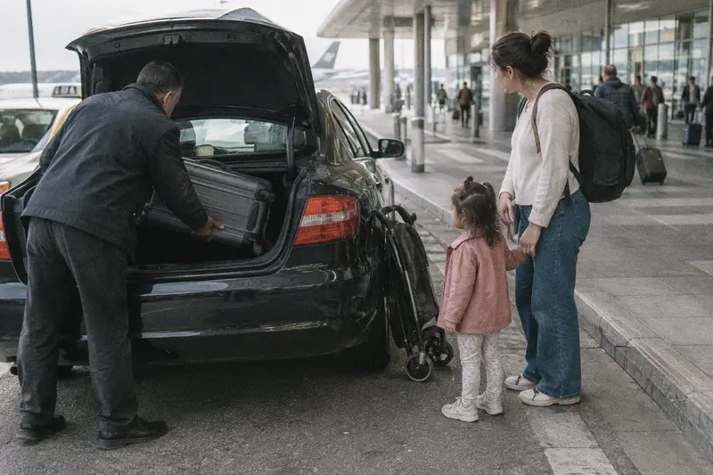Un taxista carga una maleta en el maletero mientras una madre con su hija y un carrito plegado esperan