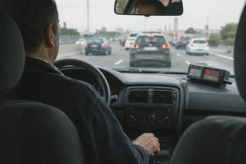 Un taxista conduce despacio en un atasco, visto desde el asiento trasero, con el taxímetro desenfocado