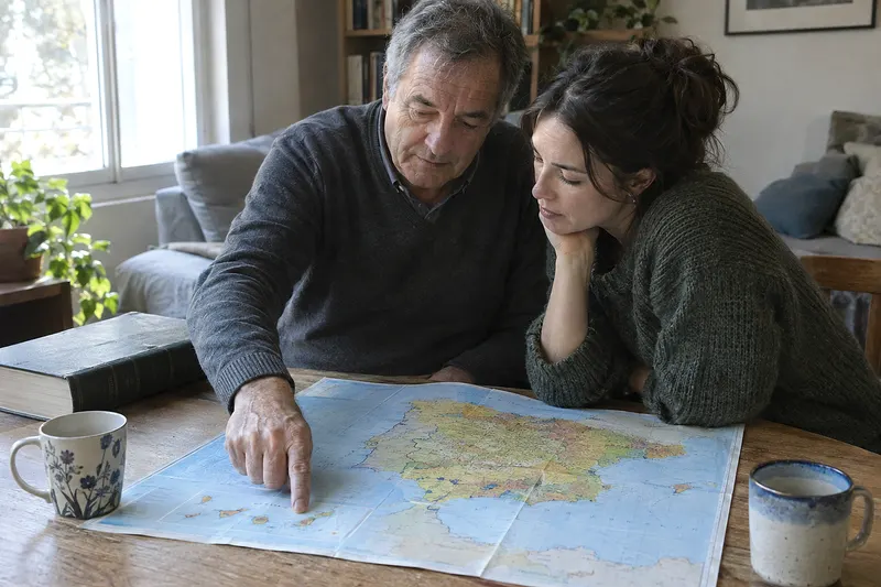Un padre y su hija señalan las islas Canarias en un mapa de España desplegado sobre la mesa