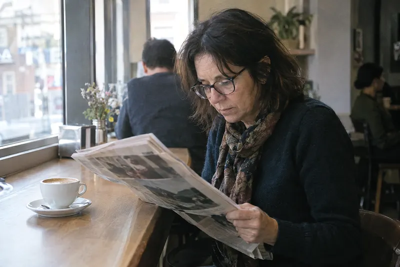Una mujer con gafas lee el periódico en la barra de una cafetería junto a un café