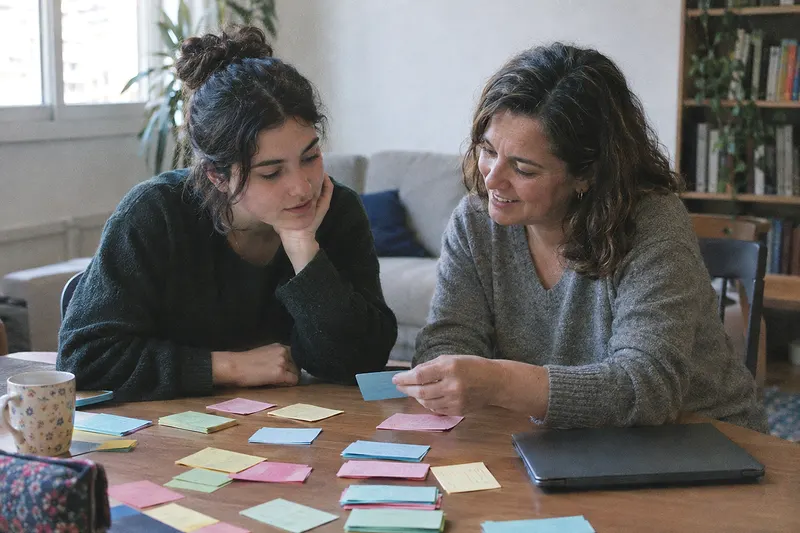 Dos mujeres de distintas edades repasan juntas con fichas de colores en la mesa de un salón