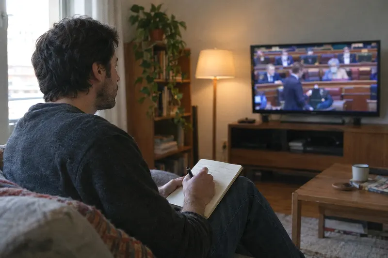 Un hombre toma notas en un cuaderno mientras sigue un debate parlamentario en la televisión del salón