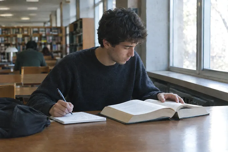 Un joven abre un libro grueso y toma notas en una mesa de biblioteca junto a la ventana