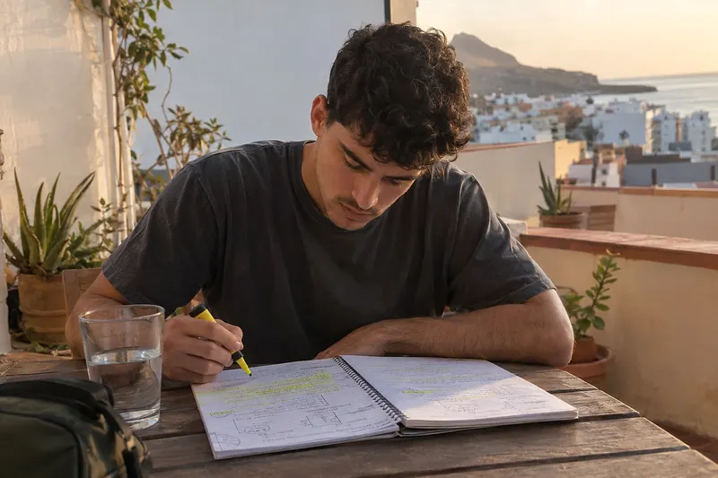 Un joven repasa esquemas en un cuaderno con un subrayador en la terraza de su casa