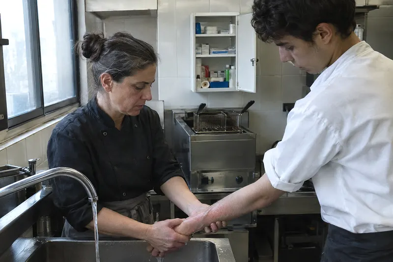 Una jefa de cocina enfría bajo el grifo el antebrazo quemado de un ayudante, con un botiquín abierto al fondo