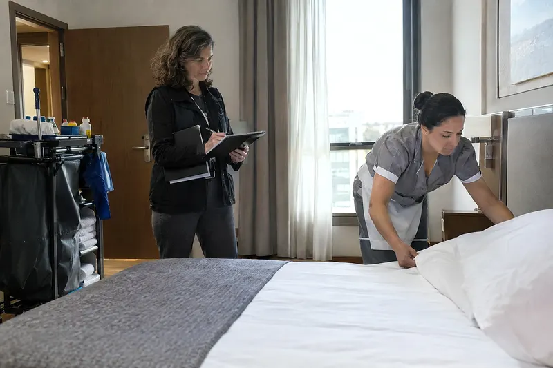 Una técnica de prevención toma notas mientras una camarera de pisos hace una cama en un hotel
