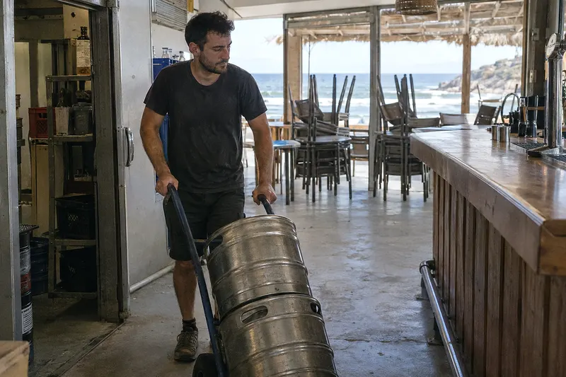 Un camarero lleva dos barriles de cerveza en una carretilla hasta la barra de un bar de playa