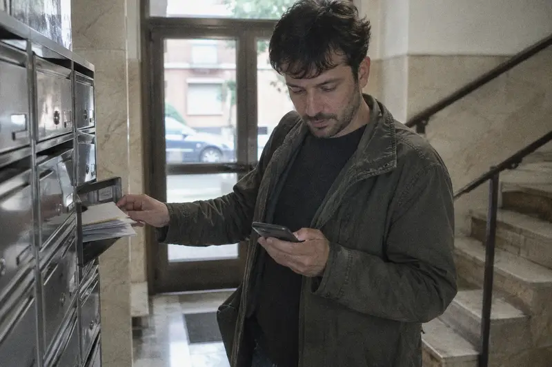 Un hombre saca cartas del buzón de su portal mientras mira el móvil