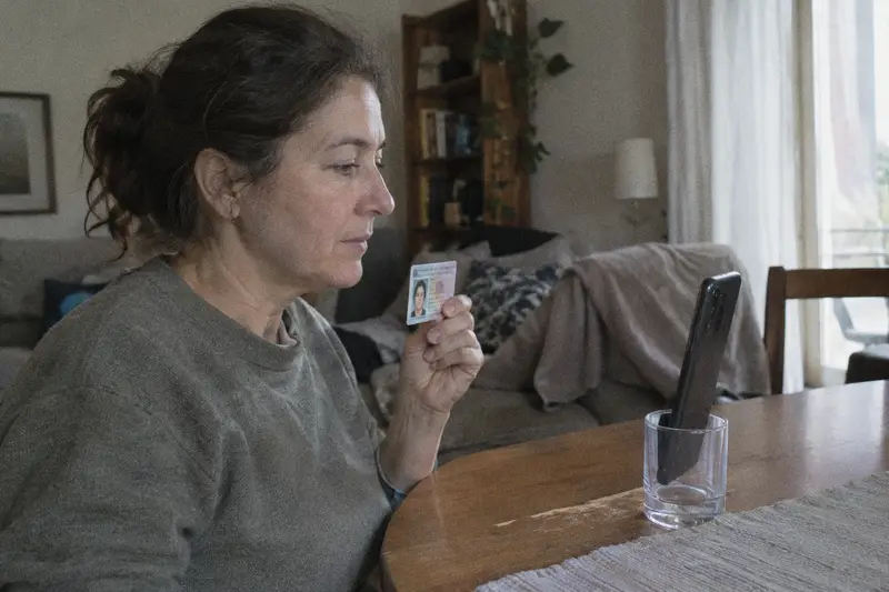 Una mujer sostiene su DNI frente al móvil para identificarse por vídeo en su salón