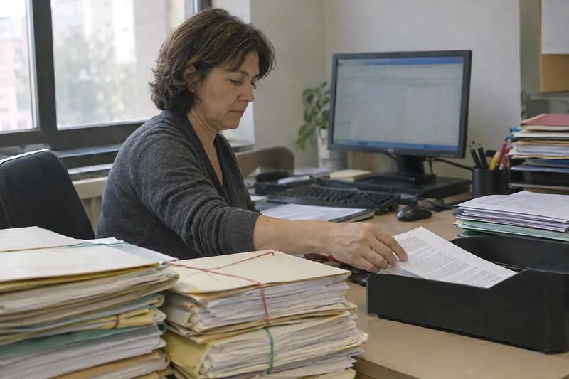 Una técnica coloca en una bandeja un documento impreso con una hoja final en horizontal, entre expedientes