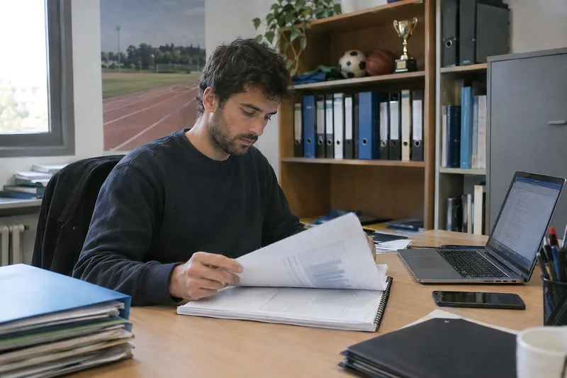 Un técnico hojea un informe encuadernado junto al portátil en una oficina municipal de deportes